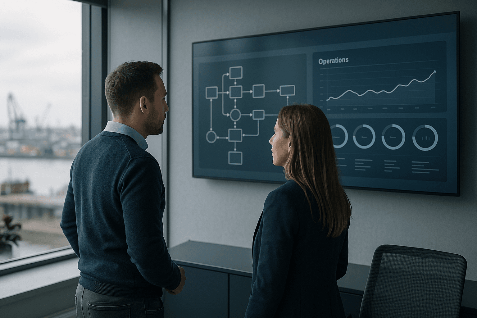 Twee professionals bespreken een processchema en operationeel dashboard in een MKB-kantoor met haven op de achtergrond