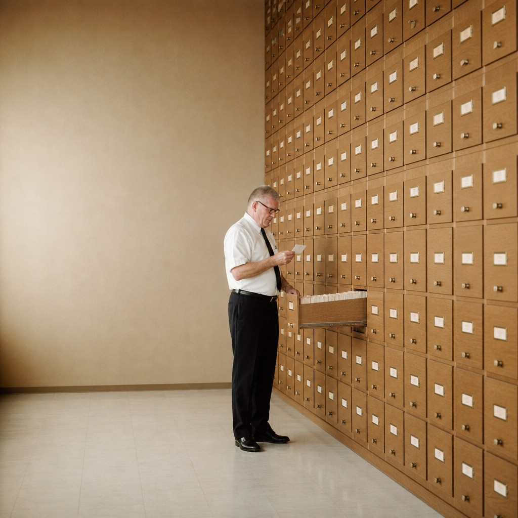 Man zoekt een kaart in een grote archiefkast