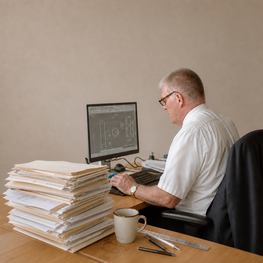 Specialist achter zijn bureau met een grote stapel offertedossiers